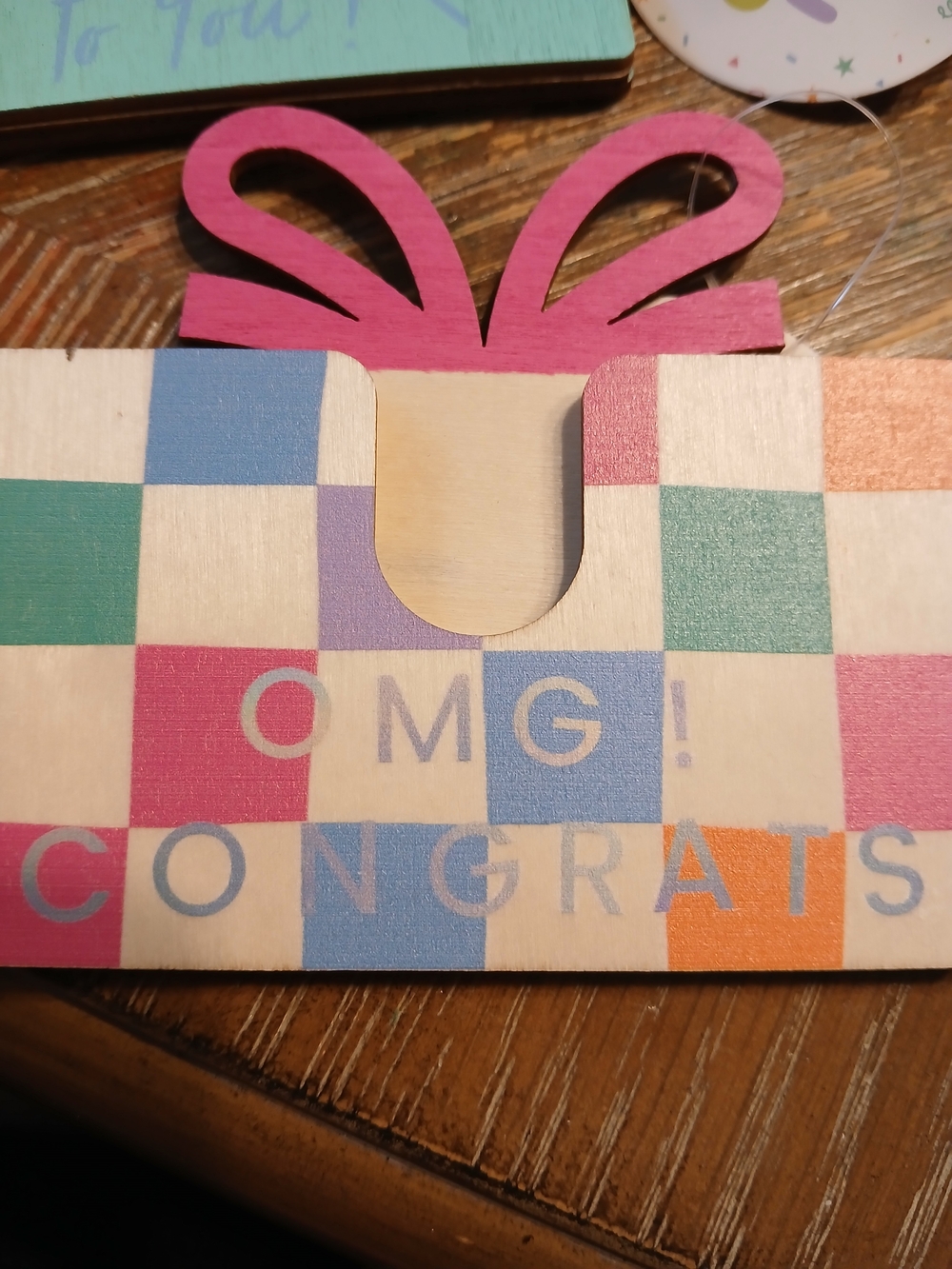 Wooden OMG! Congrats Gift Card Holder - Colorful Checkered Bow